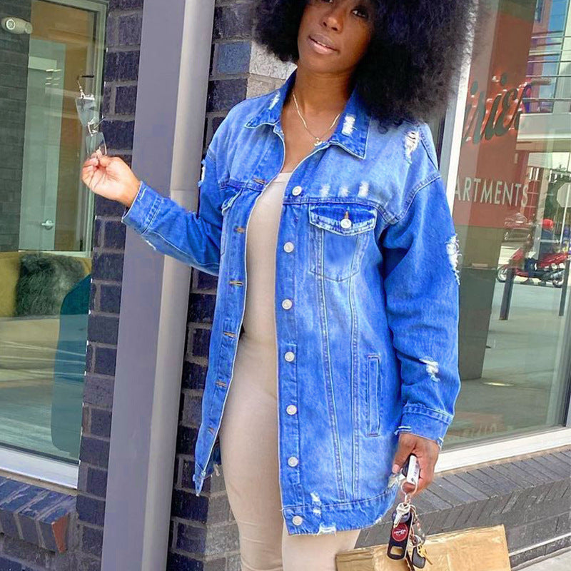 Women Denim Jacket Ripped Denim Coat Denim Trench Coat for Women