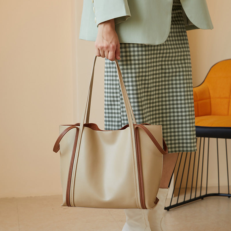 The Teacher Tote Double-Sided Color Block Bag Genuine Leather Commuter Tote Women's One Shoulder Handbag