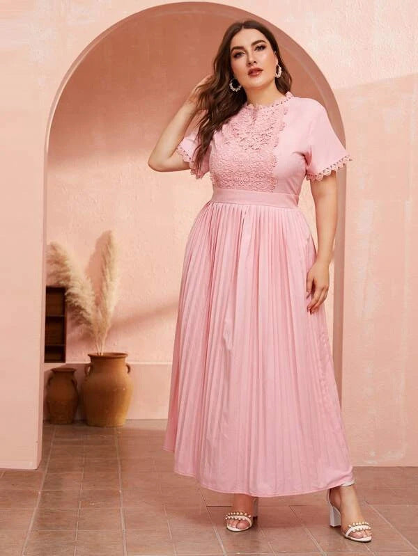 Women Plus Size Maxi Dresses Lace Patchwork Waist-Slimming Short Sleeve Dress