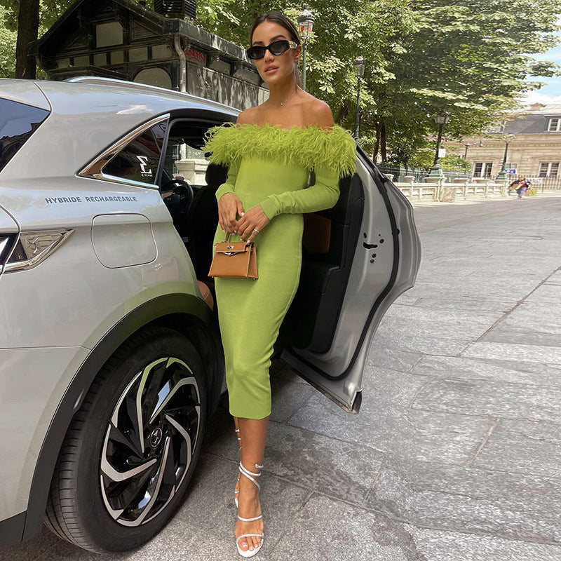 Emily Ratajkowski Dress Sexy Sheath Long Sleeve Feather Dress