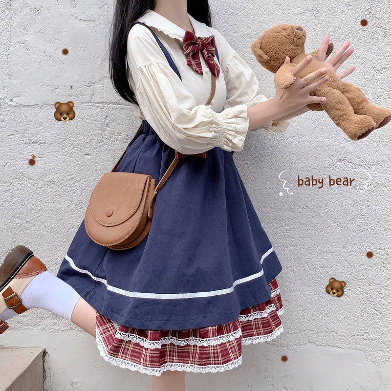 Gothic Lolita Harajuku Style Clothing College Style Blouse Suspender Skirt Two-Piece Stitching Pettiskirt