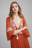 Women Dresses Bohemian V-neck Flared Sleeve Embroidered Dress