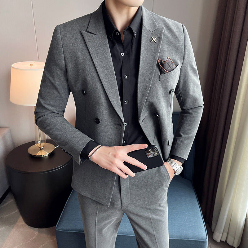 Double Brewed Seersucker Suit Fall Winter Men Suit Slim Fit Casual Dress
