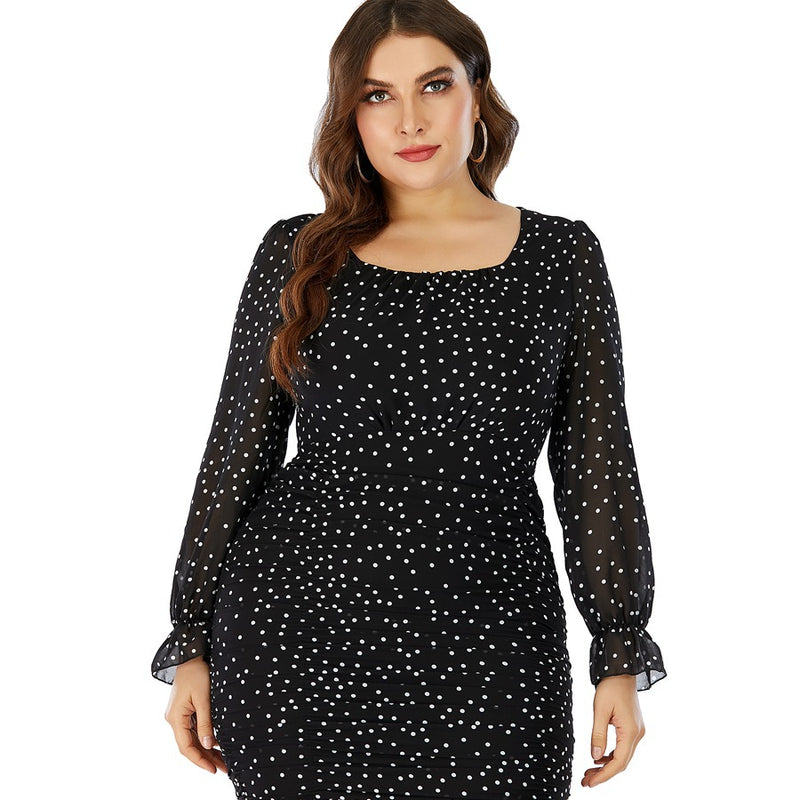 Women Plus Size Mini Dresses Polka Dot Chiffon Smocked Ruffled Bodycon Dress