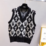 Preppy Aesthetic Outfits Spring Vintage Hit Color Diamond Lattice Knitted Waistcoat for Women V-neck Pullover Sweater
