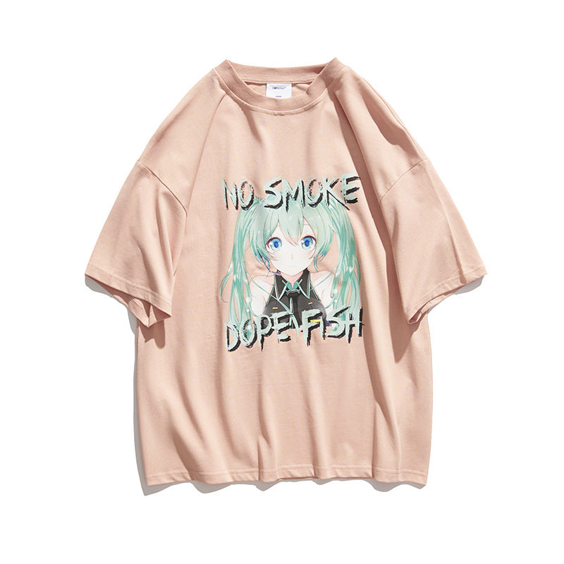 Men's T-shirt Men's Cartoon Young Girl Anime Print Short-Sleeved T-shirt Loose Casual Half-Sleeved Bottoming Shirt T