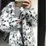 Women Dalmatian CoA Spotted Leopard Fur Coat Mid-Length Women