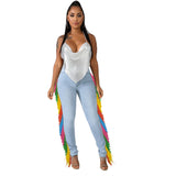 Women Plus Size Jeans High Waist Slim Fit Multicolored Tassel Denim Skinny Pants