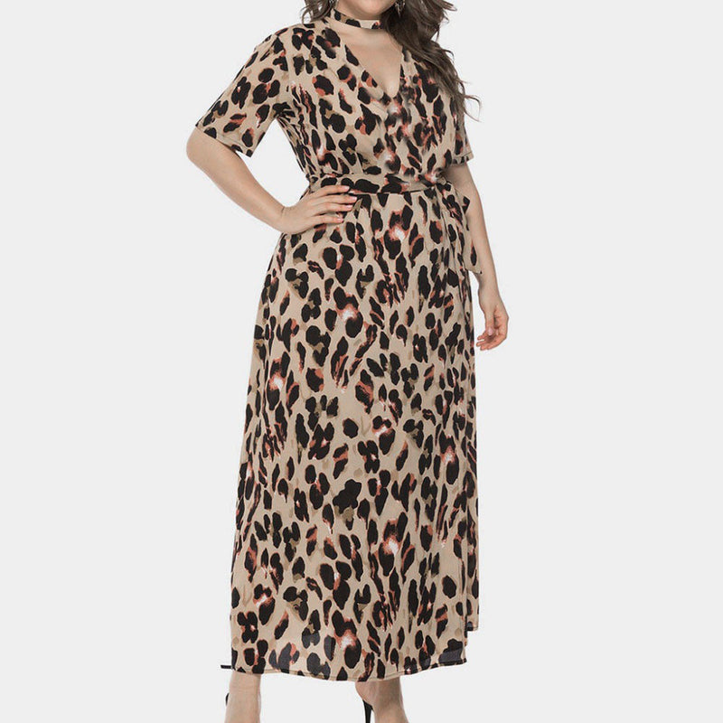 Women Plus Size Maxi Dresses V Collar Leopard Print Dress