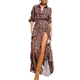 Women Bohemian Dress Spring and Summer Long Sleeves Lapel Print Dress