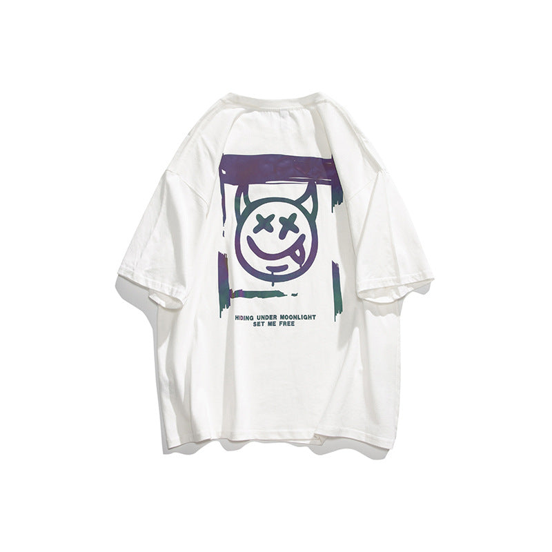 Men Tshirts Little Devil Smiley Face Printed Short-Sleeved T-shirt Men's Loose-Fitting plus Size Half-Length Sleeves Cotton Spring and Summer