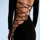 Music Festivals Rave Outfits Dress Autumn Crew Neck Long Sleeve Sexy Cutout Backless Slit Dress