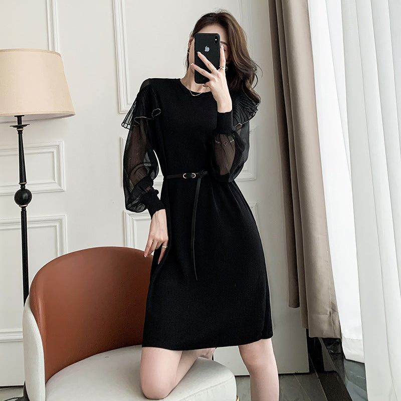 Fairy Dress Autumn Clothes plus Size Women's Clothes Bottoming Dress Slimming Chiffon Sleeves Knitted Skirt