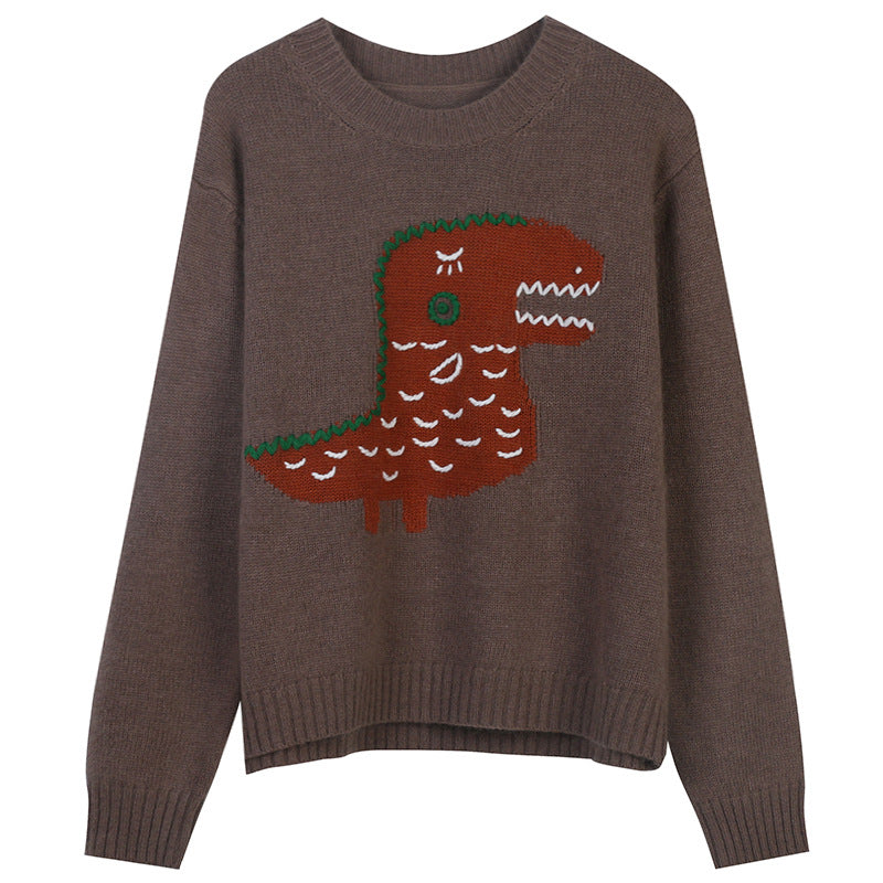 Dinosaur Sweaters Embroidered Long Sleeve Retro Loose Knitted Sweater