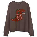 Dinosaur Sweaters Embroidered Long Sleeve Retro Loose Knitted Sweater