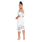 Puff Short Sleeve Lace Fishtail Skirt See-Through Dress