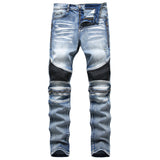 J Shaped Jeans Men's Oversized Jeans Ripped Motorcycle Zipper Pleated