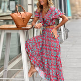 Women Bohemian Dress Women's Summer Sexy V-neck Short Sleeve Printed Dress