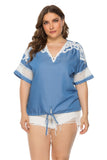 Women Plus Size Tops Loose Stitching Denim Short Sleeve Top for Women