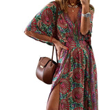 Women Bohemian Dress Women's Spring and Summer Print V-neck Split Dress
