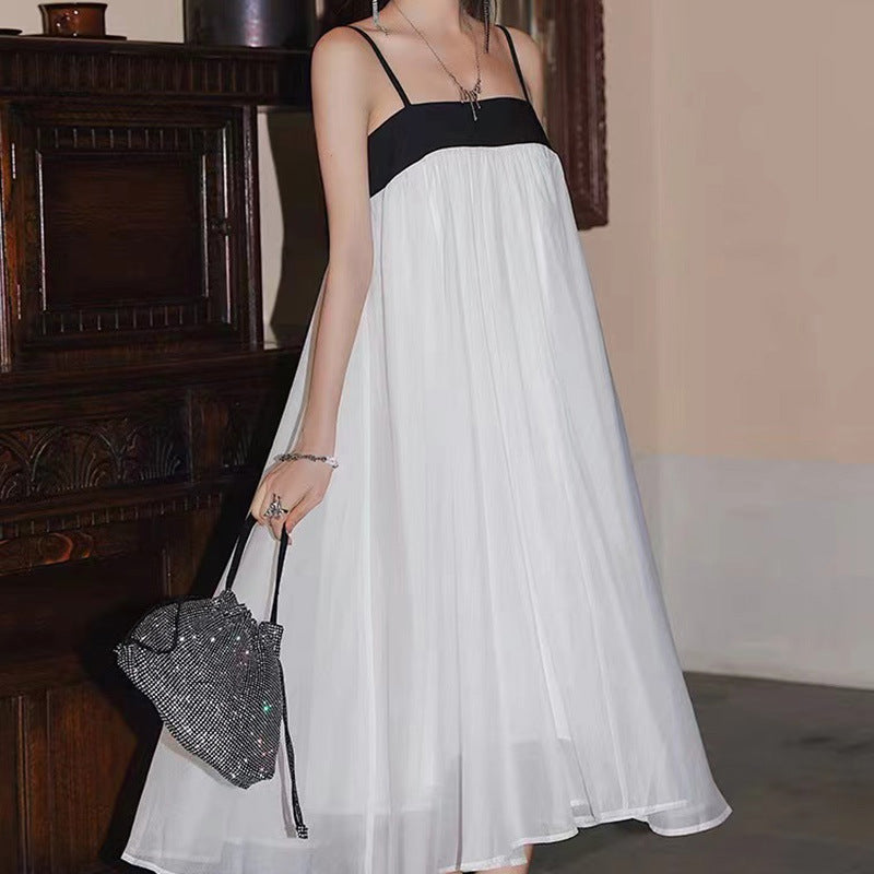 Black and White Dress Black and White Strapless Long Type Suspender Gauze Dress