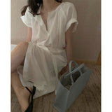 Fairy Dress Summer T Solid Color High Waist Slimming round Neck Midi Dress