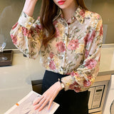 Beth Dutton Outfits Floral Lantern Sleeve Chiffon Shirt Shirt Women's Fall Lapels Floral Long Sleeve Shirt