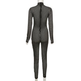 Autumn Sexy Hollow-out Striped Mock-Neck Hip Raise Skinny Sports Jumpsuit Women