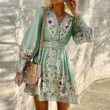 Women Bohemian Dress Summer Women's Long Sleeve V-neck Loose Dress