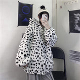 Women Dalmatian Coat Loose Furry Leopard Quilted Hooded Cotton Coat