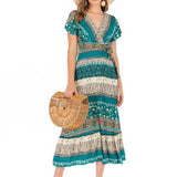 Beth Dutton Bohemian Dress Summer Spring Midi Dresses Sexy V-neck Waist Printed Beach Dress Maxi Skirt