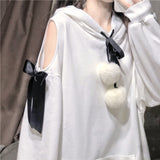 Gothic Lolita Harajuku Style Clothing Fall Pompons off-the-Shoulder Bow Hooded Sweater