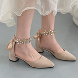 Nude Block Heel Sandals Bow Rhinestone High Heel Shoes