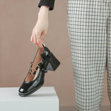 Nude Pumps Block Heel Mary Jane Women's Shoes Bow Thick Heel Leather Shoes