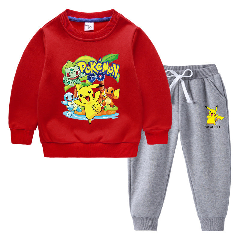 Children Pokemon Pikachu Hoodie & Pant Set Fleece Lined Padded Warm Keeping Winter Clothes Sweatershirt Suit