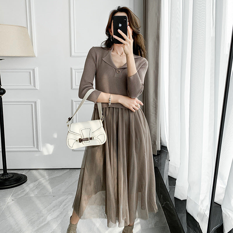 Fairy Dress Women's Woolen Skirt Autumn Mesh Ice Silk Dress Solid Color Knitted Base Skirt