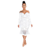 Long Sleeve Lace Fishtail Skirt Swing See-through Dress