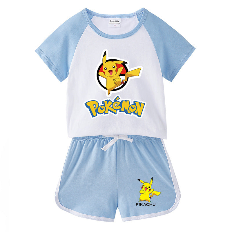 Children Pokemon Pikachu Tshirts & Shorts Short-Sleeved T-shirt Shorts Casual Sports Two-Piece Neutral