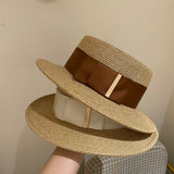 Straw Hat Flat Top Women's Straw Hat Beach Hat British Style Top Hat