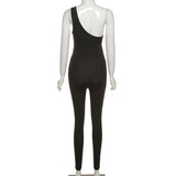 Summer Women's High Waist Slant Shoulder Hollow-out Tight Sports Casual Jumpsuit