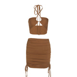 Women Top & Skirt 2 Piece Set Summer Hollow Vest Slim-Fit Hip-Wrapped Short Dress Suit