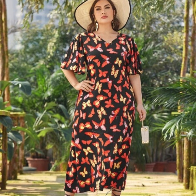 Women Plus Size Maxi Dressesv Collar Printed Butterfly Short Sleeve Dress