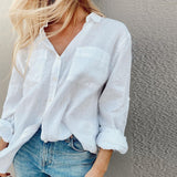 Women Bohemian Shirts Women's Summer Solid Color Long Sleeve Shirt Lapel Cotton