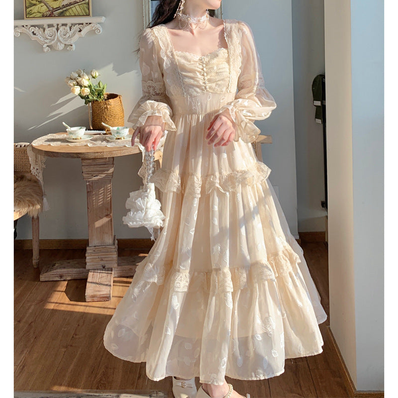 Vintage Empire Waist Dress Lantern Sleeve Dress Spring Long Dress for Women
