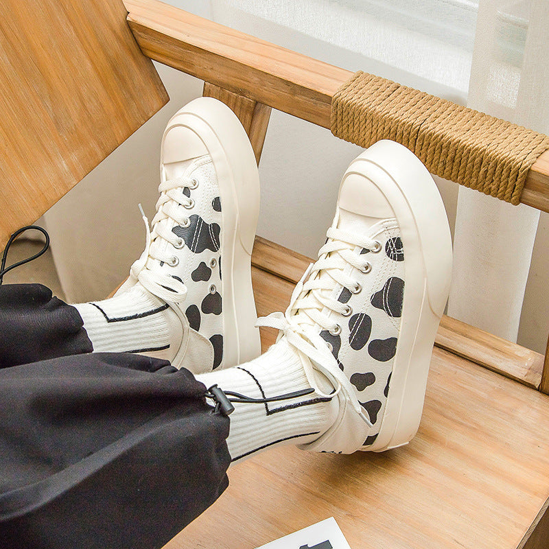 Cow Print Hey Dude Shoes Big Head Canvas Shoes for Women Platform White Shoes