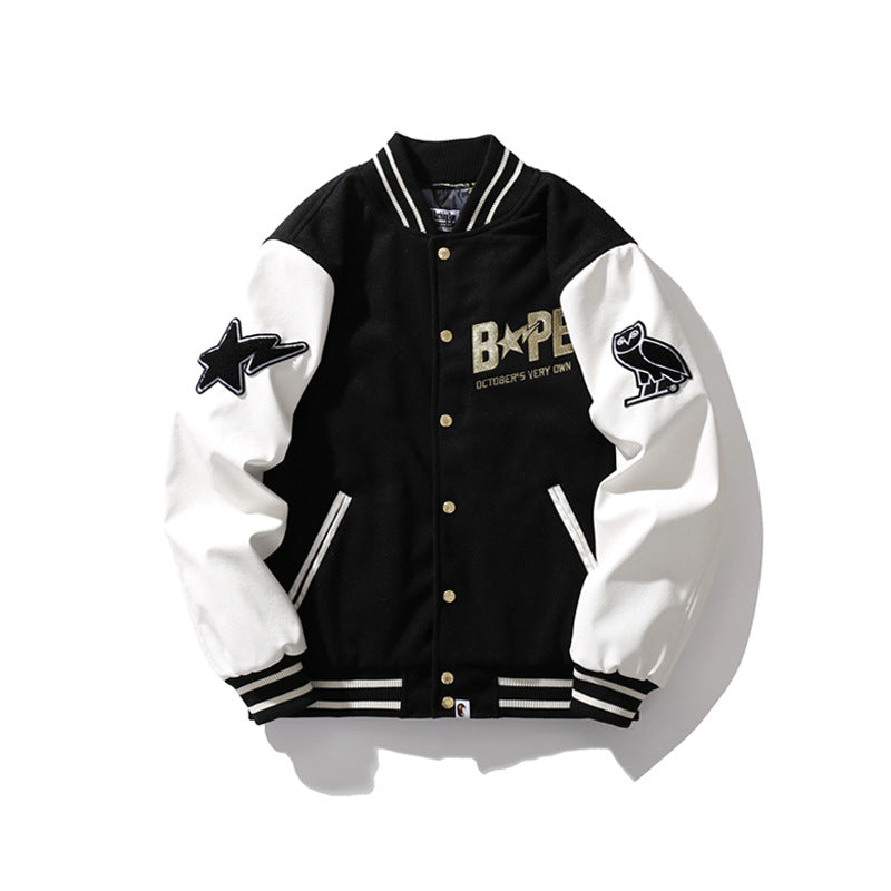 BAPE Varsity Jacket Japanese Fashion Brand Ape Head Joint Name Cat Avatar Bronzing Owl Jacket Cotton-Padded Coat