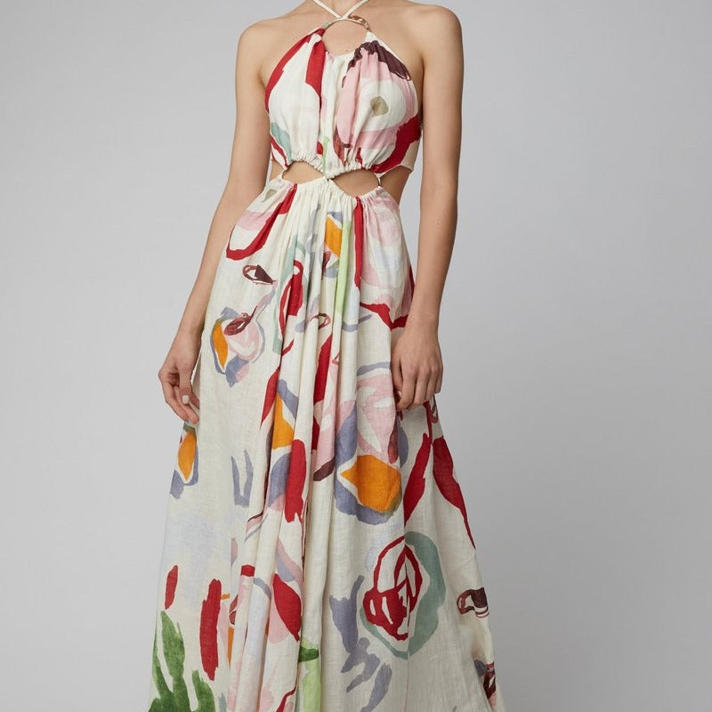 Women Dreese Backless Printed Flower Large Swing Suspender Skirt Seaside Sexy Beach Dress