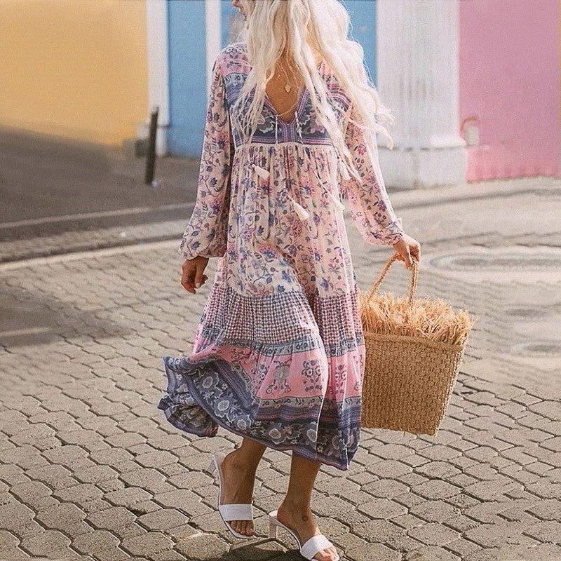 Beth Dutton Bohemian Dress Winter Autumn Midi Dresses Short Sleeve V-neck Printed Wide Hem Loose Dress Maxi Dress