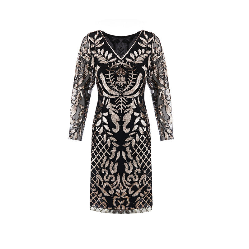 The Great Gatsby Prom Dresses Sexy V-neck Long Sleeve Sequin Bead Dress Skirt