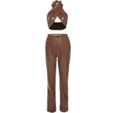 Women Top & Pant 2 Piece Set Autumn Sexy Backless Underwaist Slim-Fit Straight Trousers Suit